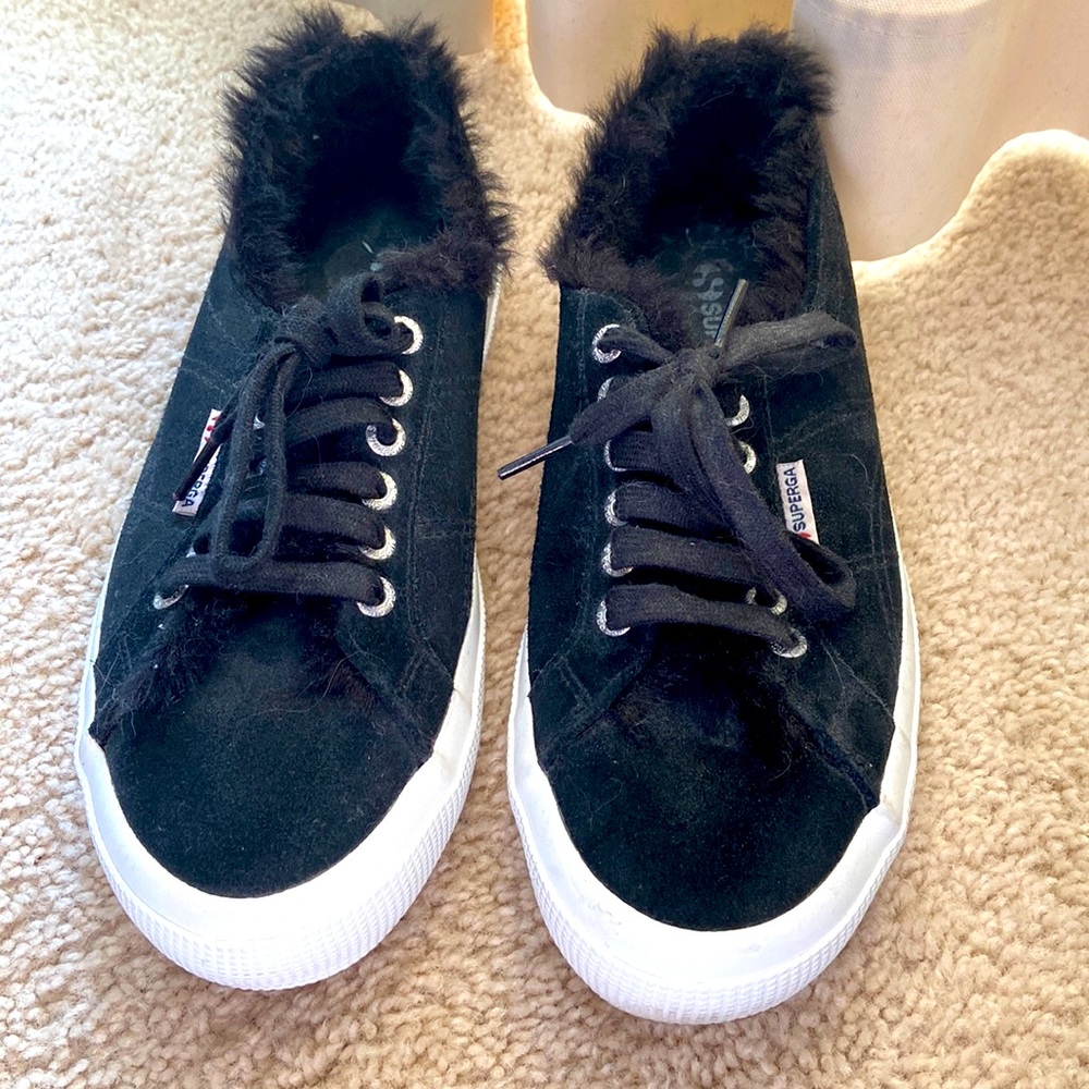 SUPERGA Suede Shoes with fur worn once in New Condition